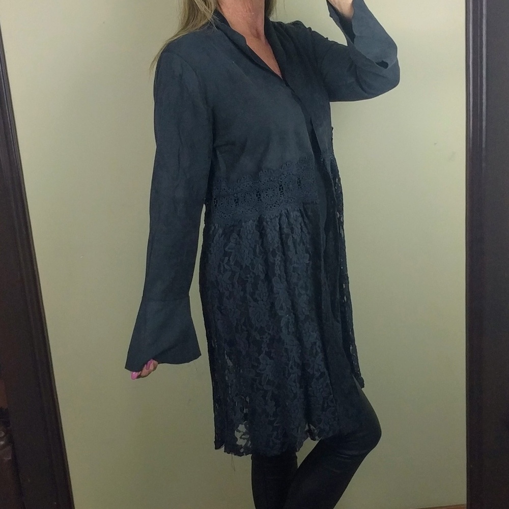 faux suede jacket lace bell sleeve knee length